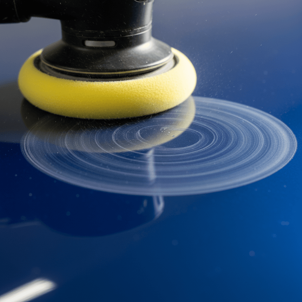 Close-up of a polishing pad removing swirl marks on a car hood