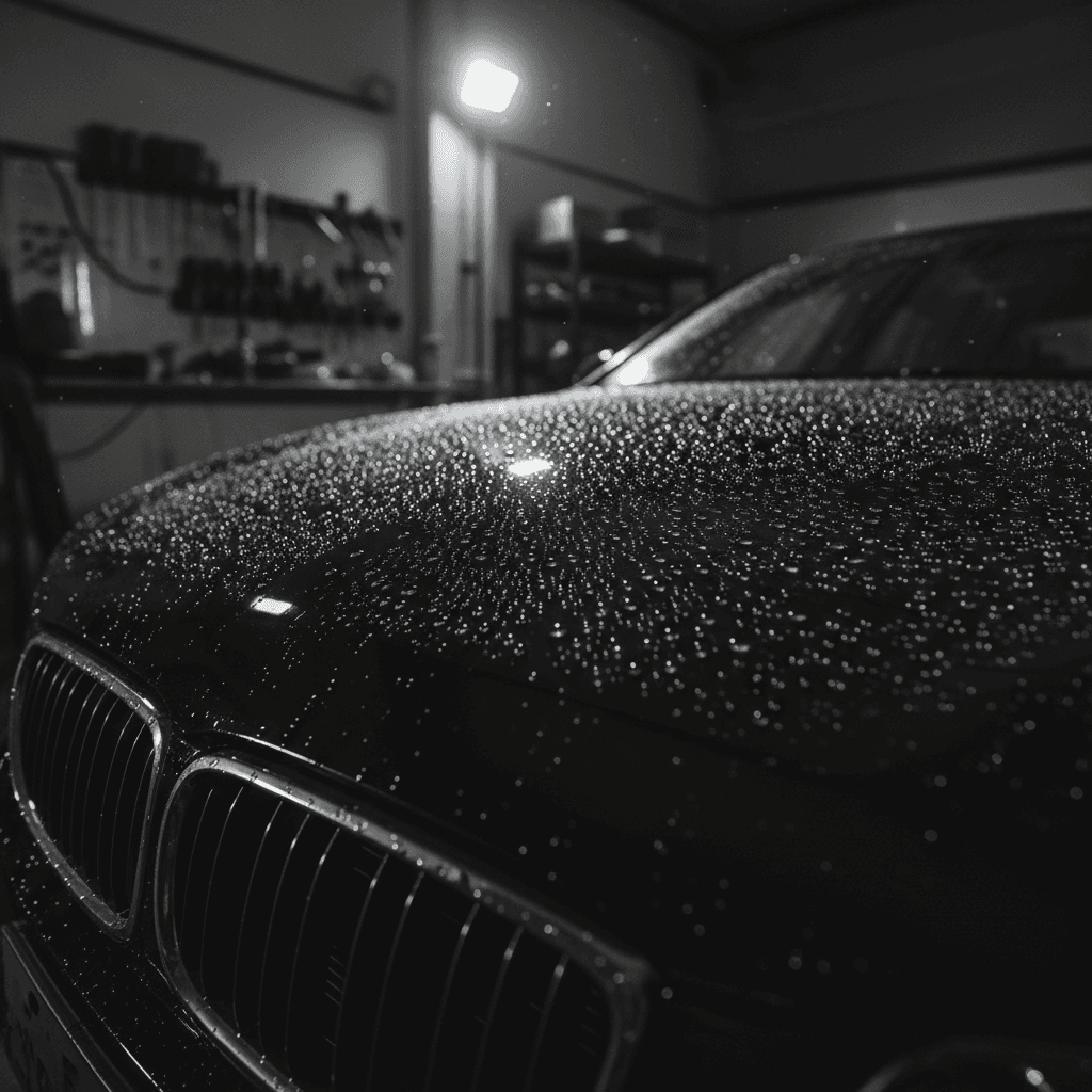 Water beading on a freshly coated car surface after ceramic application