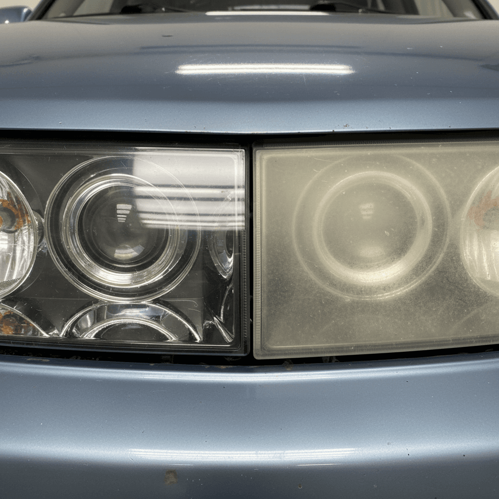 Close-up comparison of a restored clear headlight next to a hazy yellowed one
