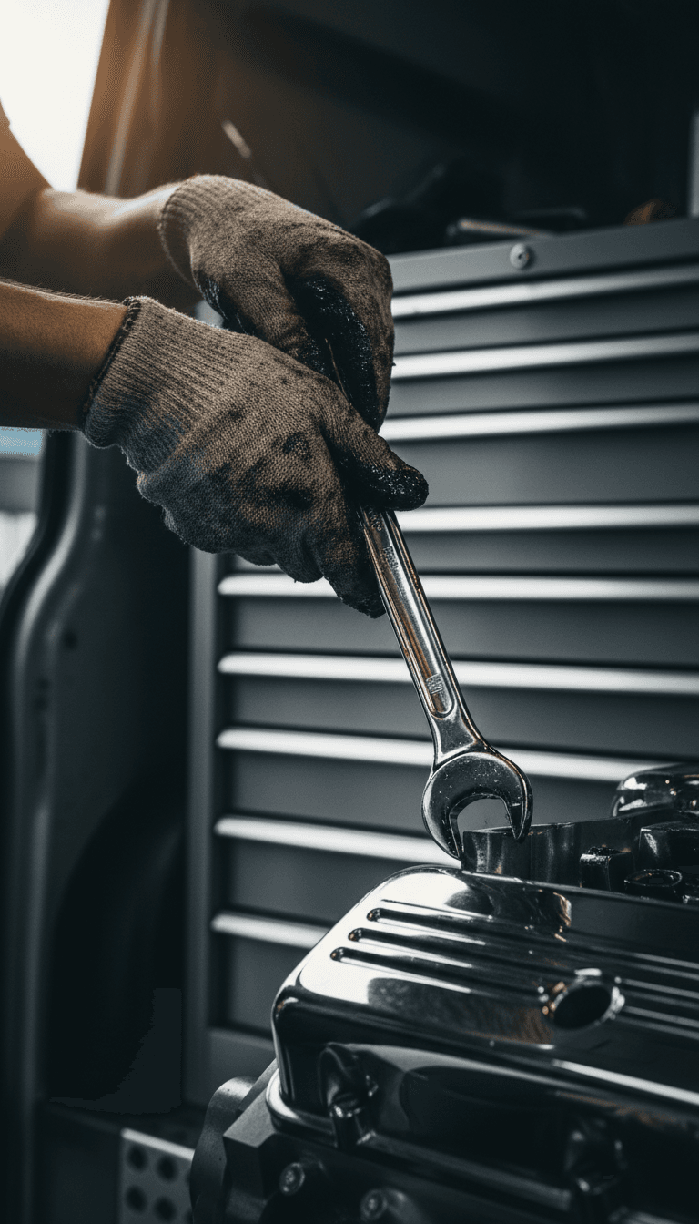 Mechanic's hands holding a chrome wrench against a polished engine block inside a van