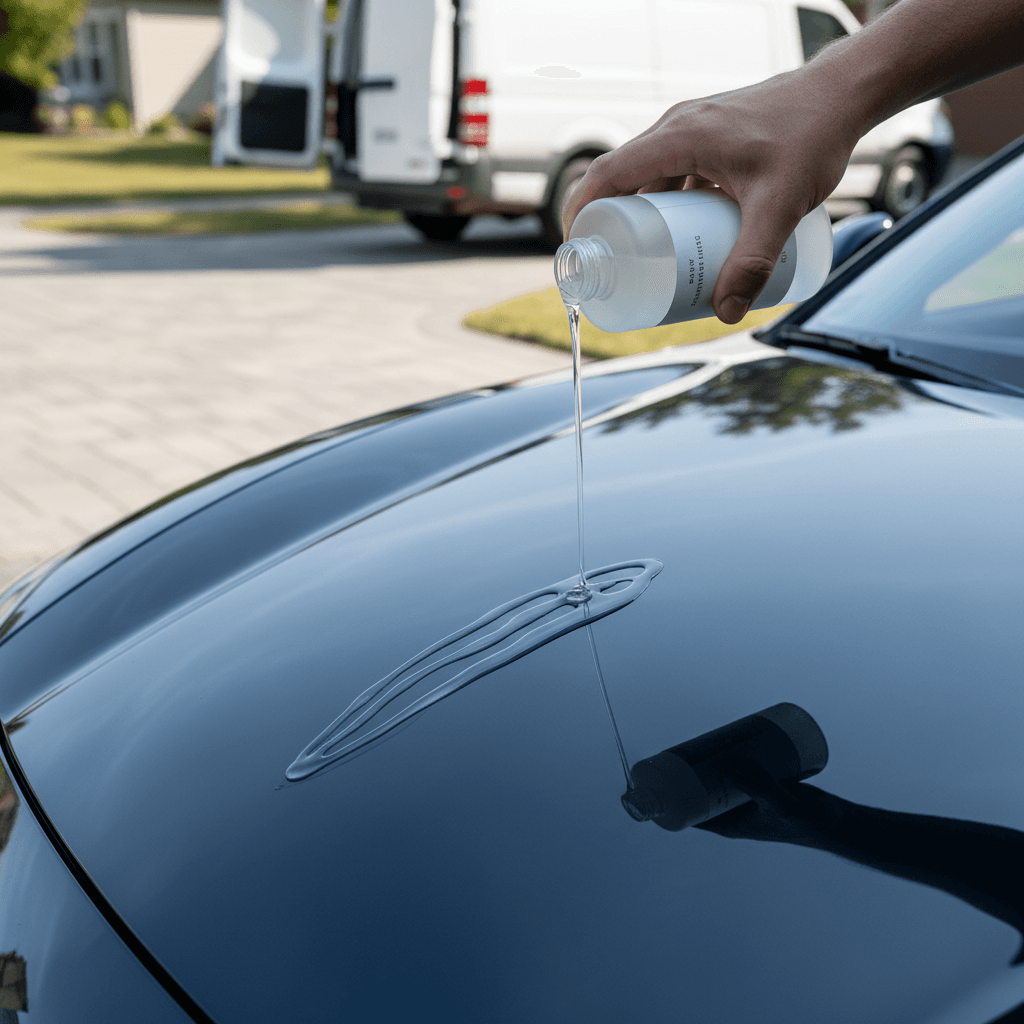 Hand pouring liquid wax onto a car hood with glossy reflection