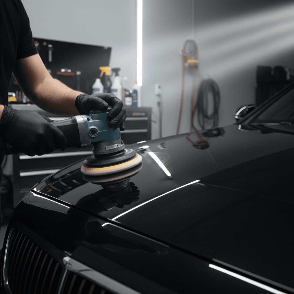 Close-up of a microfiber cloth polishing a glossy black car hood