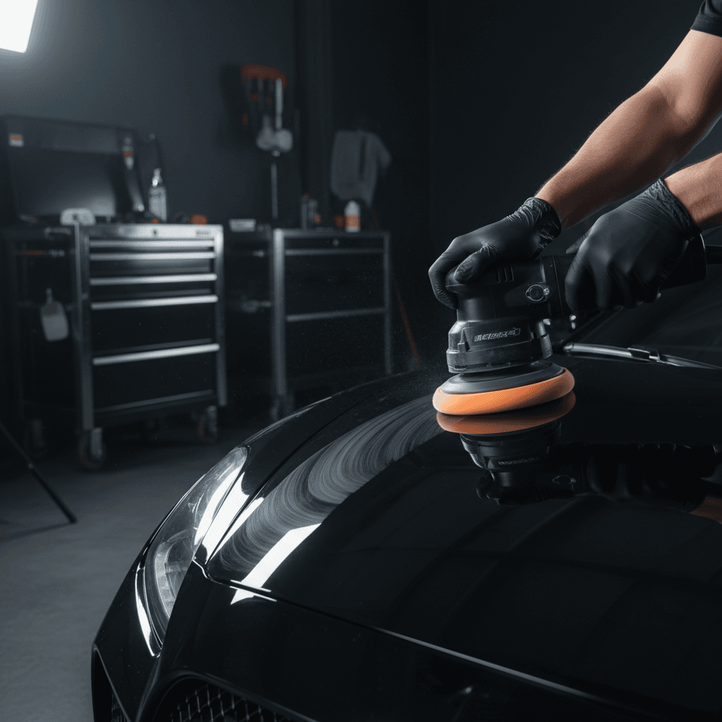 Dual-action polisher removing swirl marks from a car panel