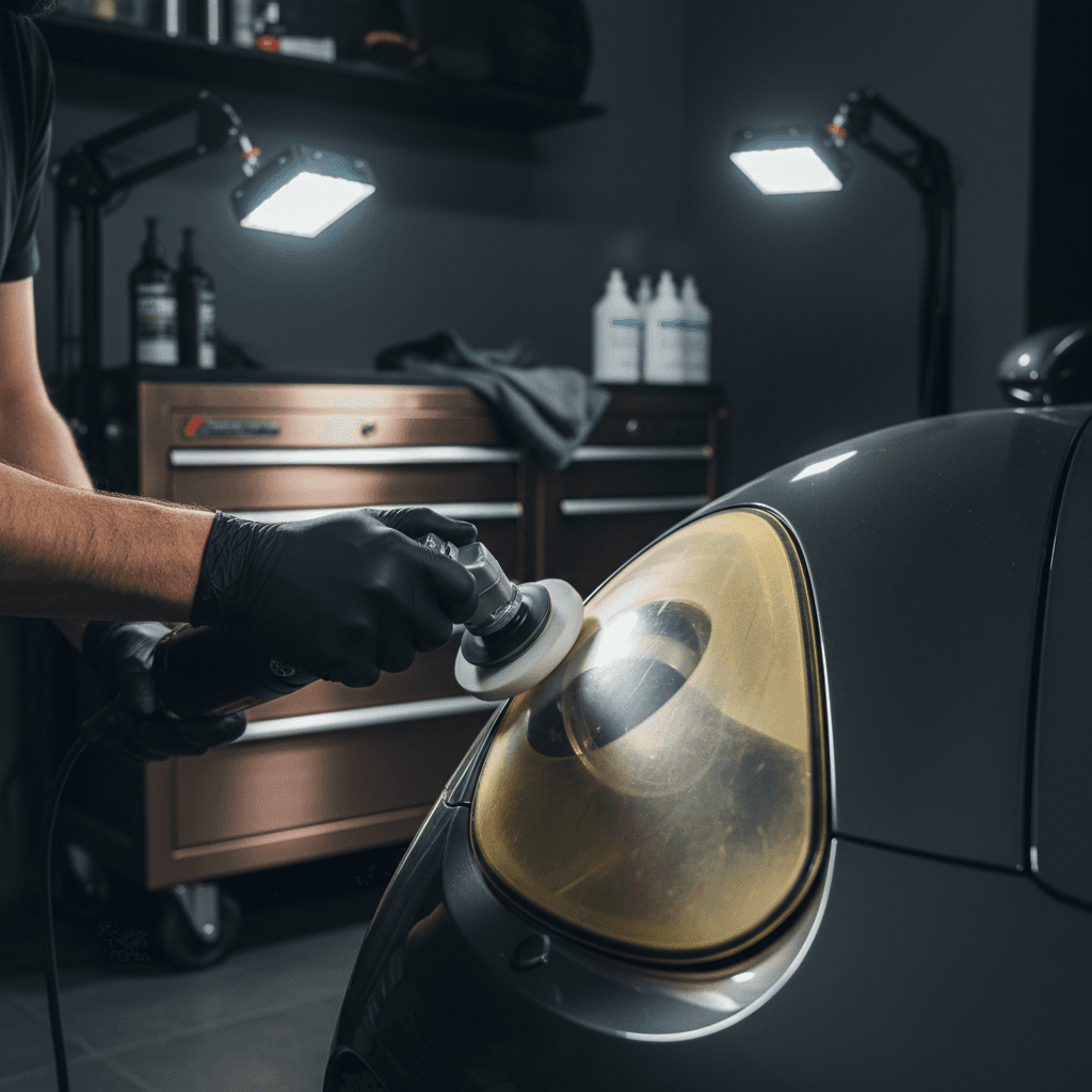 Technician sanding a foggy car headlight during mobile restoration