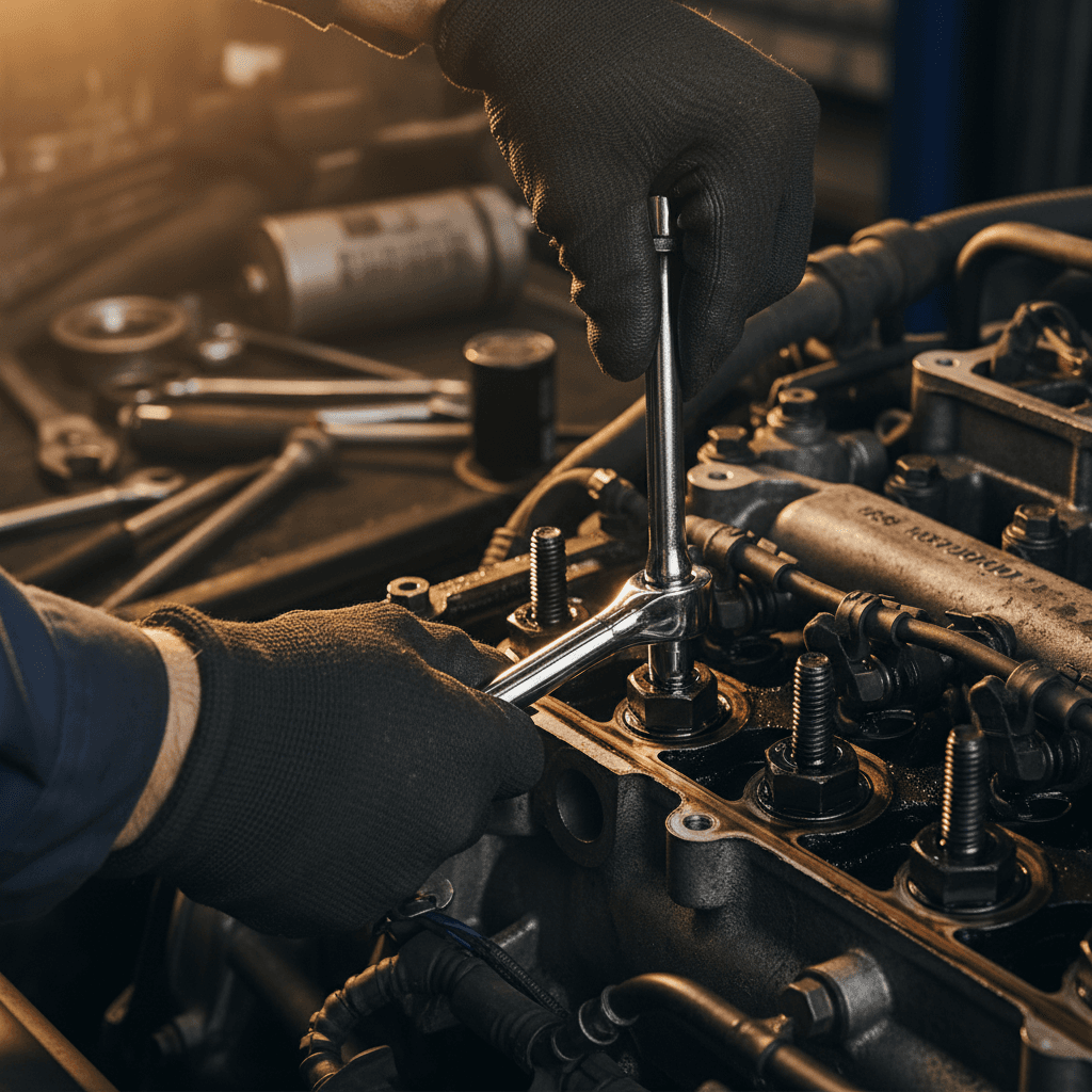 Mechanic tightening a bolt in an engine bay during mobile repair