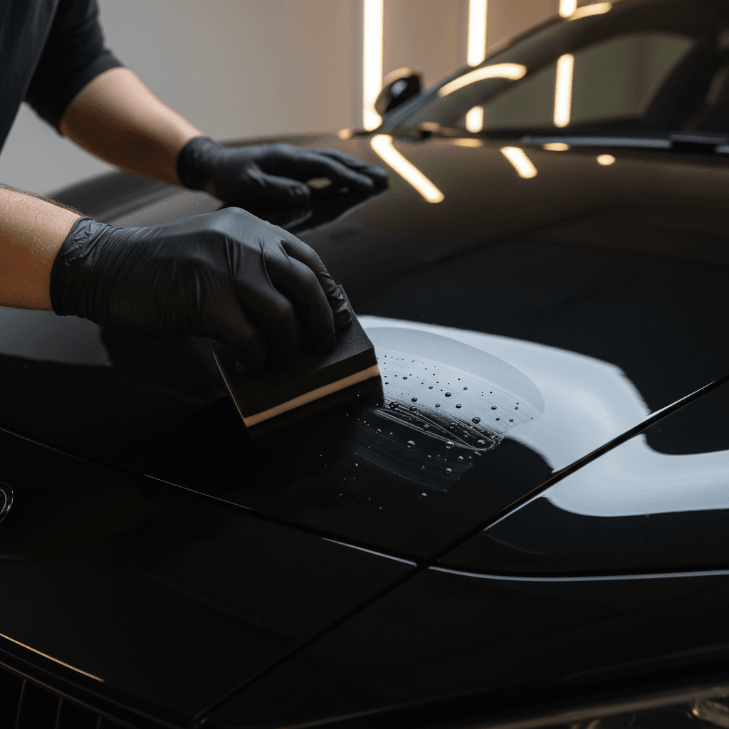 Close-up of car paint with water beading on ceramic coating