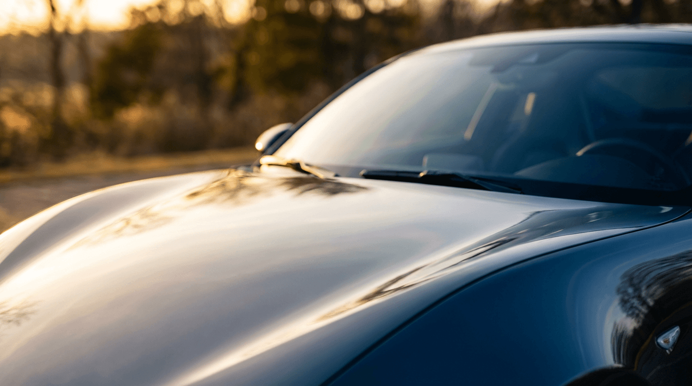 Hand with microfiber cloth on polished car hood in driveway