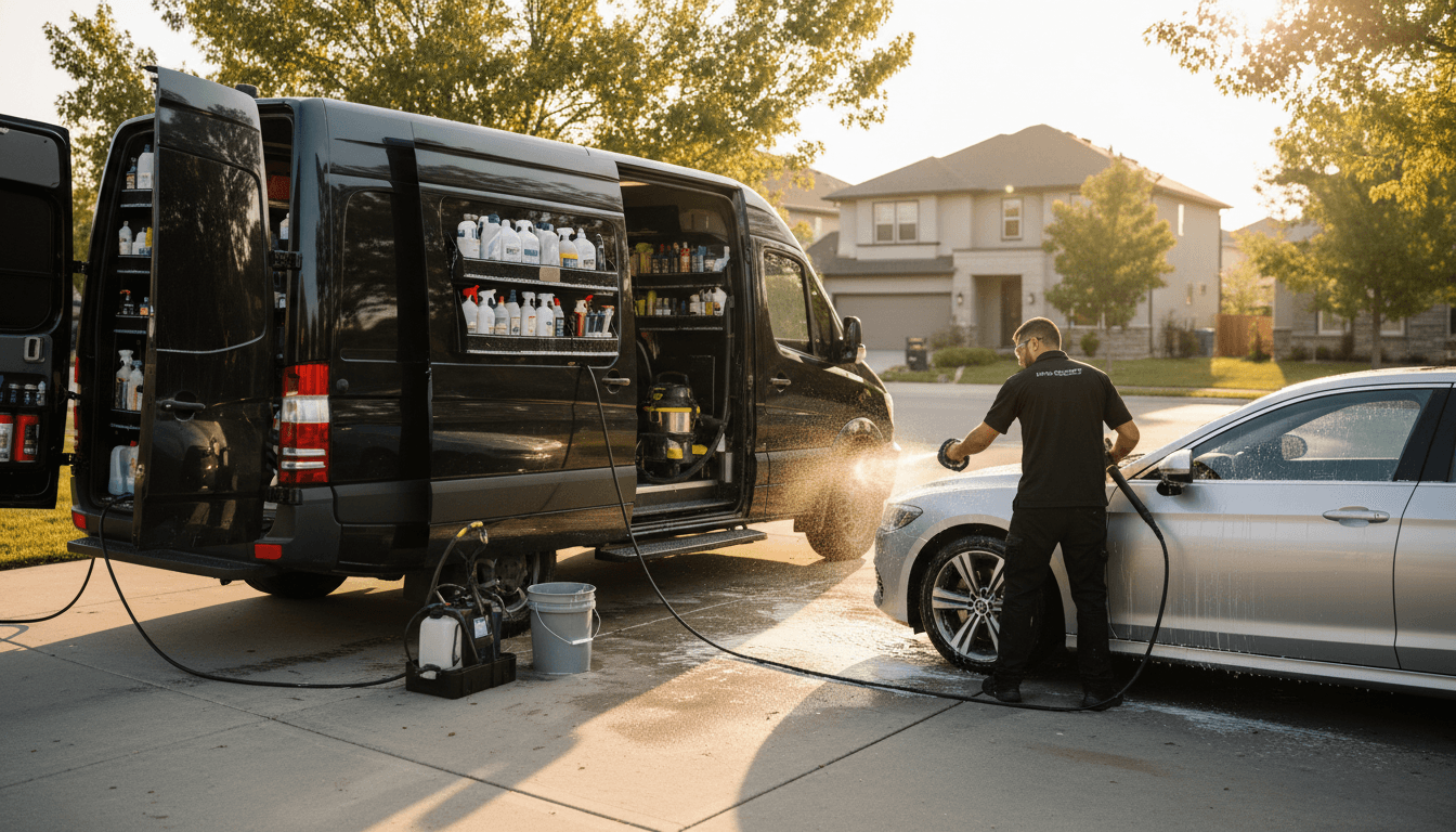 Work van with detailing supplies organized inside, parked on a residential driveway
