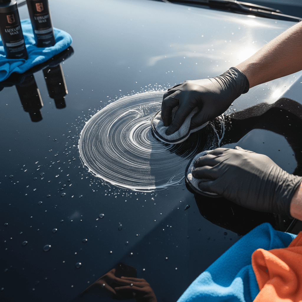 Hand applying wax to a car hood during a mobile detail