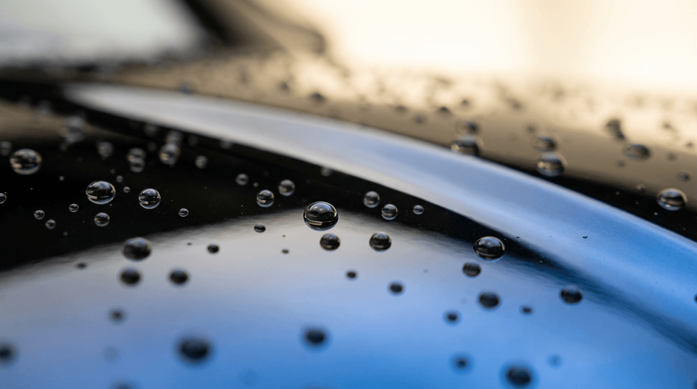 Close-up of gleaming ceramic-coated car hood with perfectly beaded water droplets and mirror-like finish reflecting studio light.